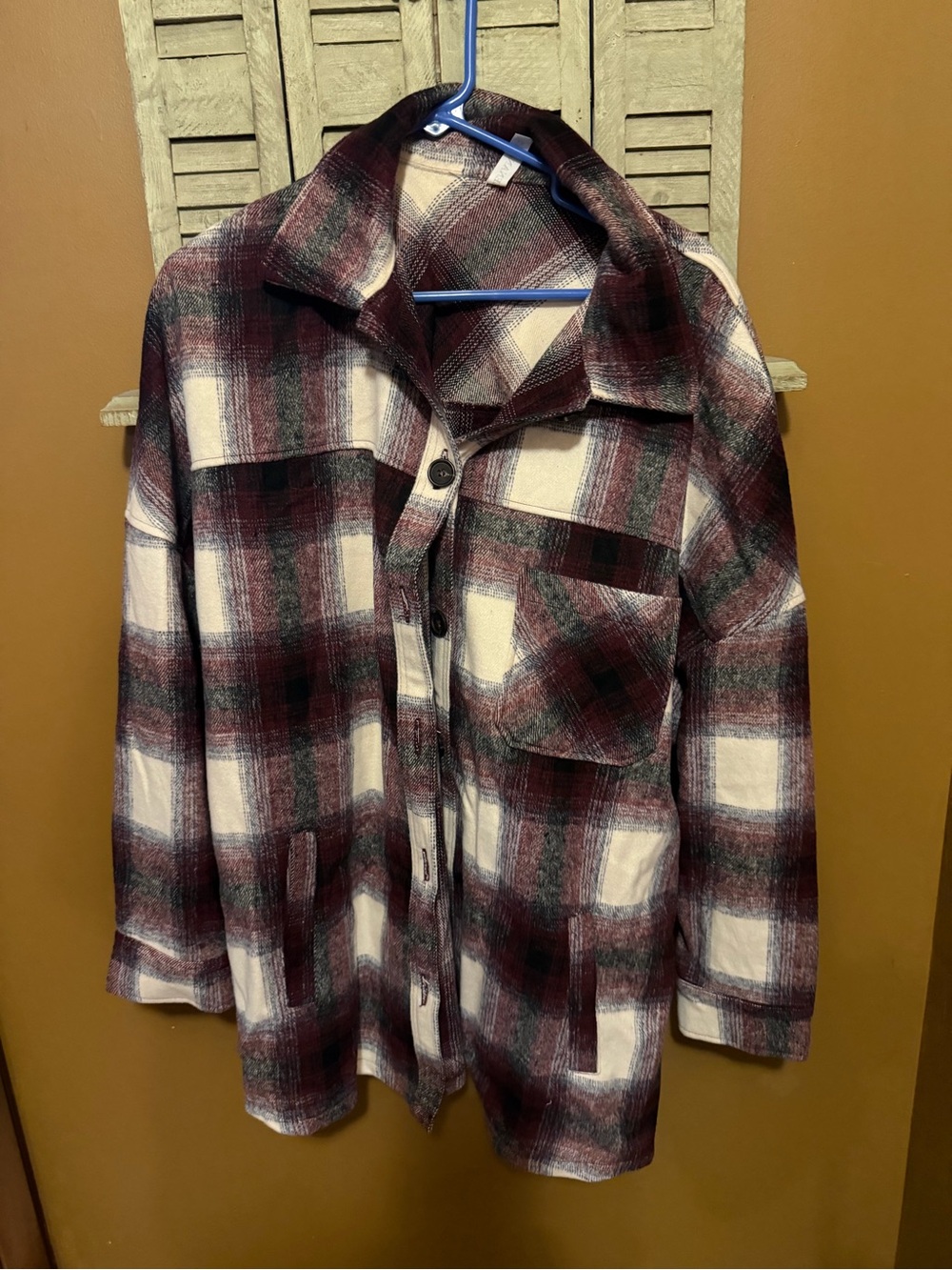 Zenana Outfitters Plaid Utility Jacket - Burgundy, Cream & Forest